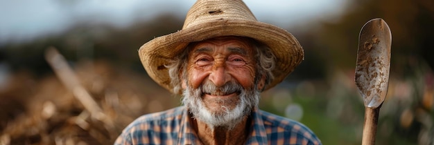 Smiling Elderly Farmer with Straw Hat Holding a Shovel Outdoors