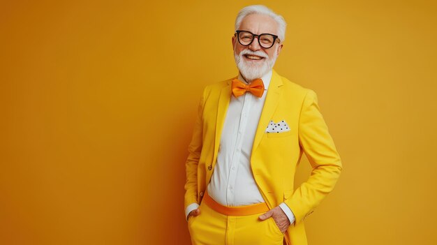 Photo smiling elderly man in a bright yellow suit and bow tie against a vibrant yellow backdrop