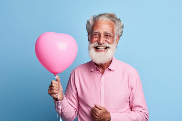 Smiling elderly man with white beard pink shirt holding heartshaped balloon Studio photo on past