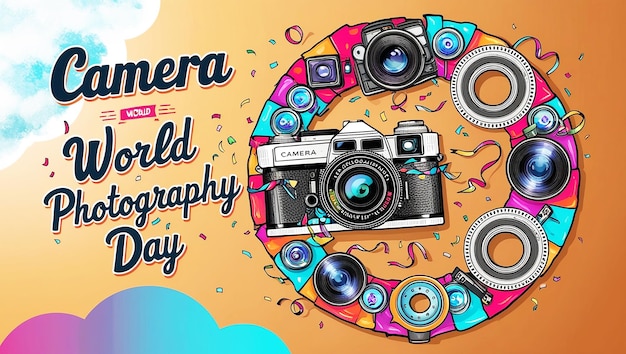 Photo smiling elderly woman celebrating world photographer day with vintage cameras and film