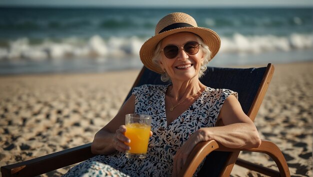 A smiling elderly woman in a dress and hat sits in a sun lounger on the seashore with a drink in her hands Active lifestyle travel and freedom