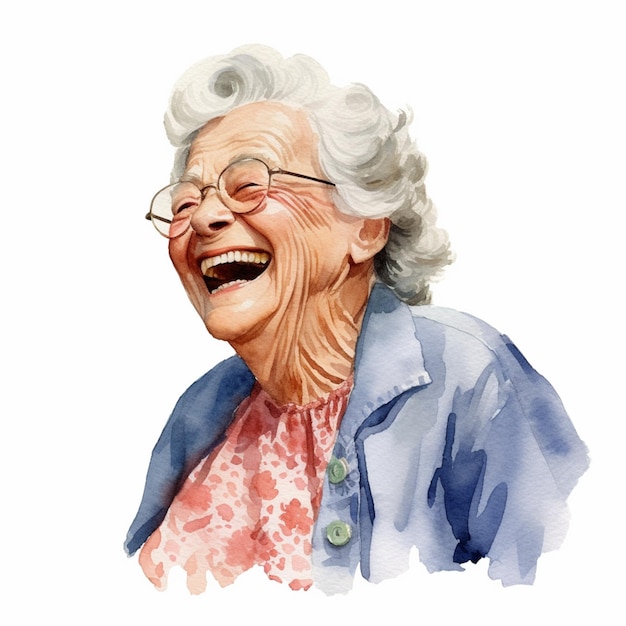 Smiling elderly woman with glasses and a blue jacket generative ai