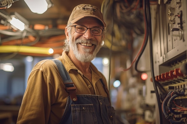 smiling electrician man with cap worker at work cov employee electric wires with glasses