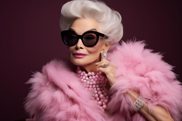 Smiling Elegant Senior Woman in Pink Pastel Outfit Wearing Classic Sunglasses in Fashion Studio