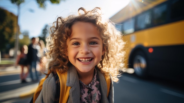 Smiling elementary student girl smiling and ready to board school bus