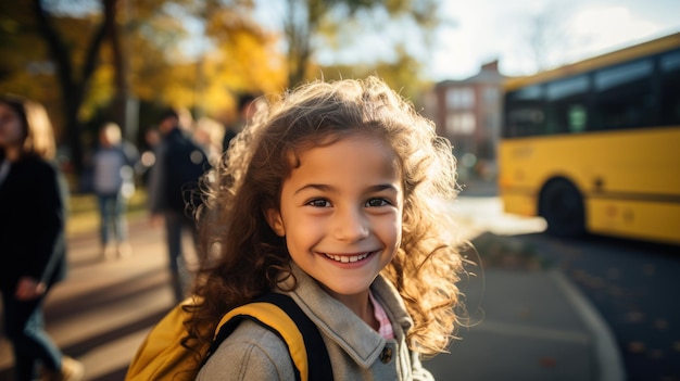 Smiling elementary student girl smiling and ready to board school bus