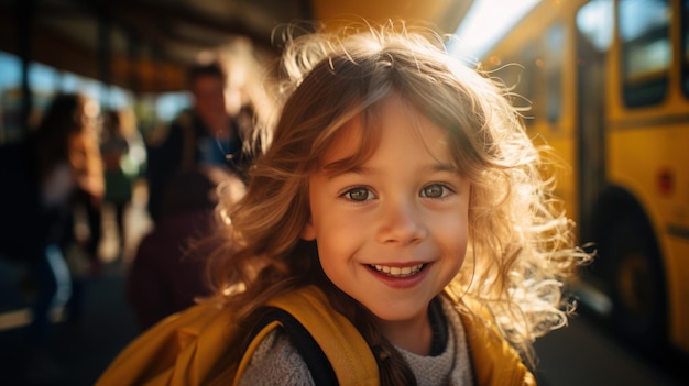 Smiling elementary student girl smiling and ready to board school bus