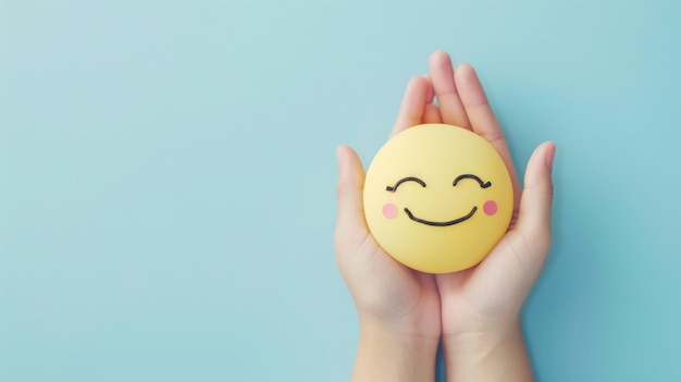 Smiling Emoji Held in Hands Against a Blue Background