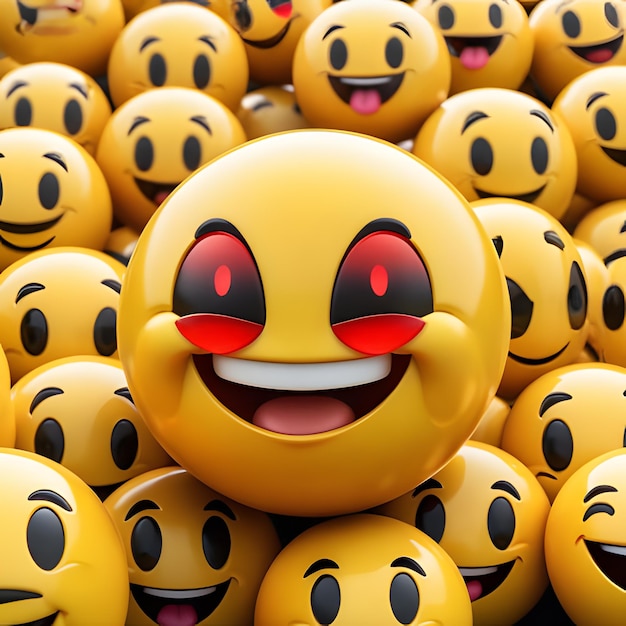 Photo smiling emoji with red eyes and open mouth surrounded by yellow emojis funny 3d illustration