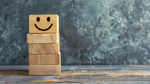 Smiling emoticon is drawn on the wooden cube symbolizing the joy of working in team