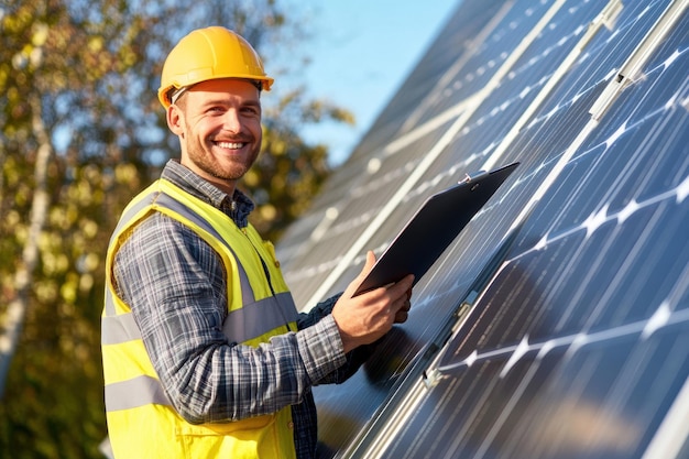 Photo a smiling engineer in a hard hat standing next to a solar panel holding a clipboard in a bright clea