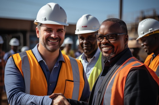 Smiling engineer holding hands at the construction site with happy architect Handshake between the African construction manager and businessman at the construction site