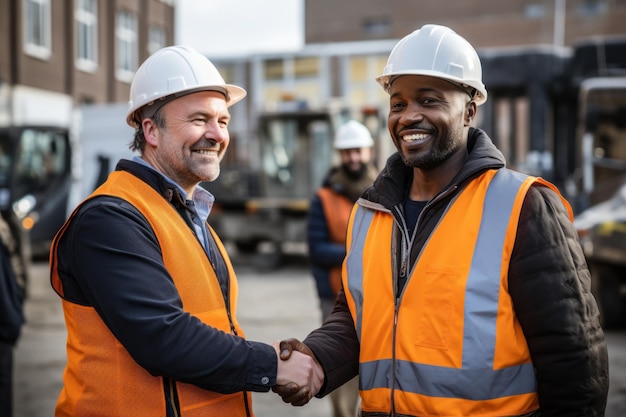 Smiling engineer holding hands at the construction site with happy architect Handshake between the African construction manager and businessman at the construction site