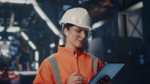 Smiling engineer holding tablet cheking production industrial enterprise closeup