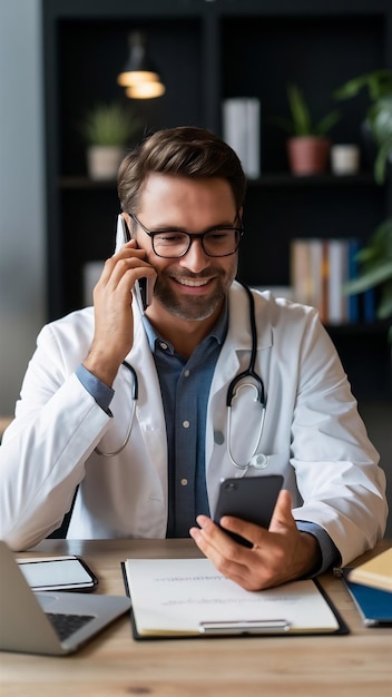 Photo smiling european male doctor physician talking on phone at work answering call giving remote cons