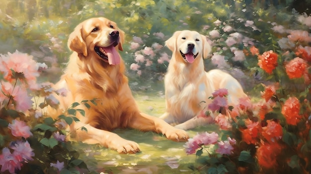 Smiling face of golden retriever dog in the garden with flower background