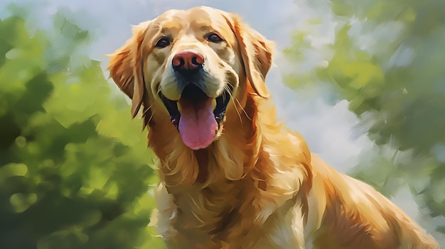 Smiling face of golden retriever dog in the garden with flower background