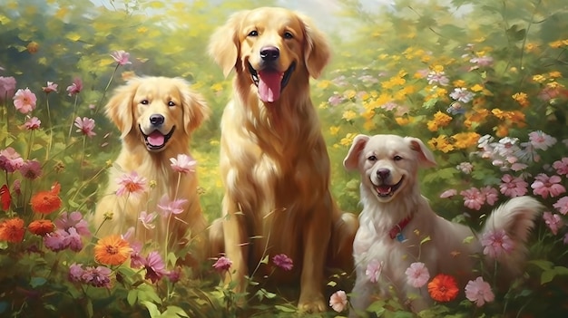 Smiling face of golden retriever dog in the garden with flower background