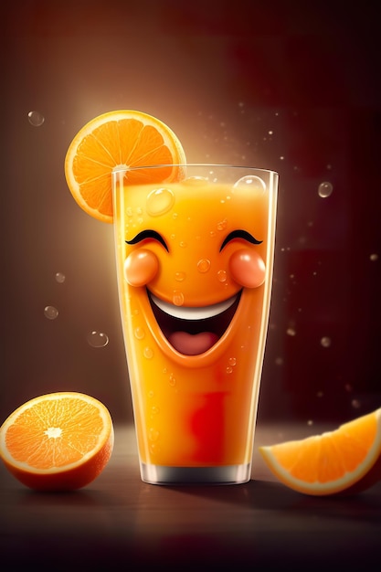 A smiling face is surrounded by orange juice.