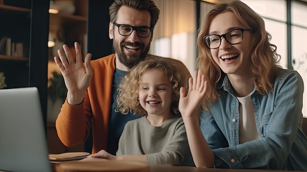 Smiling faces of a diverse family light up the screen during a joyous webcam call Connecting people