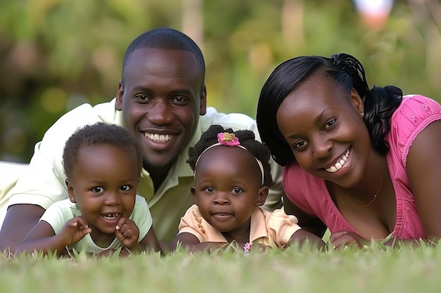 Smiling family lying on the grass