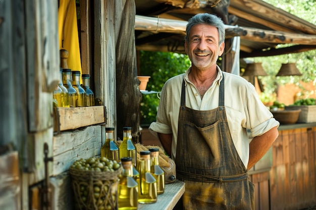 A smiling farmer proudly displays freshly bottled olive oil in rustic containers outside his charmin