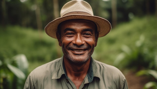 Smiling farmer standing in green forest field generated by AI