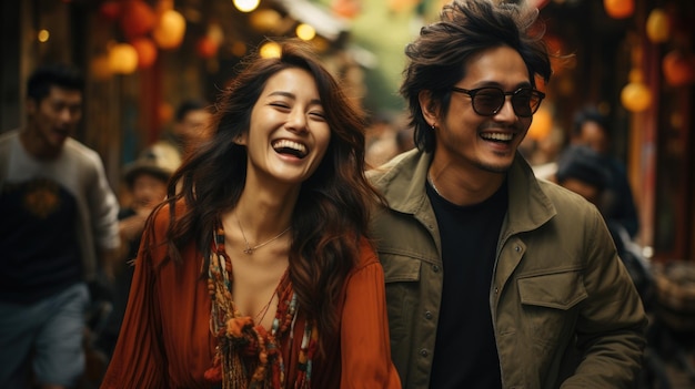 Smiling Fashionable Asian Couple Enjoying City Walk