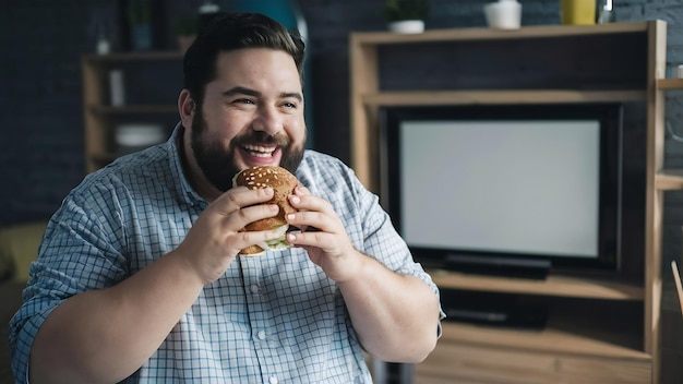 Smiling fat man eats burger sitting before a tvset