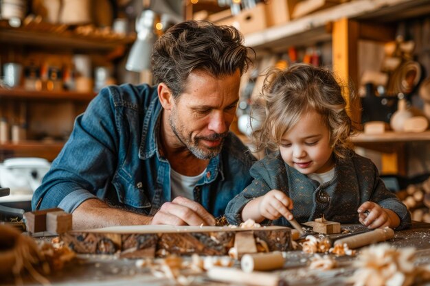 Smiling Father and Child Enjoying Carpentry Together in a Woodworking Workshop Family Bonding