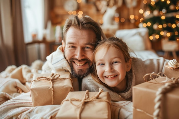 Smiling Father and Daughter Enjoying Christmas Morning Together with Handmade Wrapped Gifts in Cozy