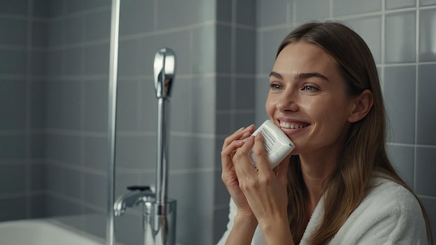 Photo smiling female applying serum for skin care in bathroom