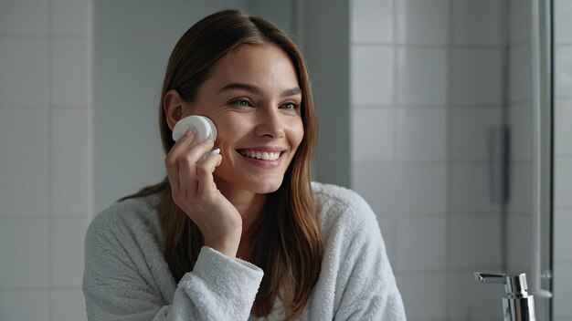 Smiling Female Applying Serum for Skin Care in Bathroom