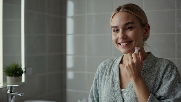 Photo smiling female applying serum for skin care in bathroom