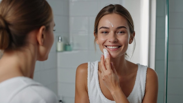 Smiling Female Applying Serum for Skin Care in Bathroom