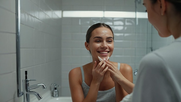 Smiling Female Applying Serum for Skin Care in Bathroom