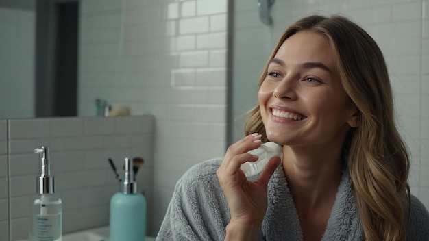 Photo smiling female applying serum for skin care in bathroom