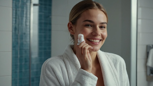 Smiling Female Applying Serum for Skin Care in Bathroom