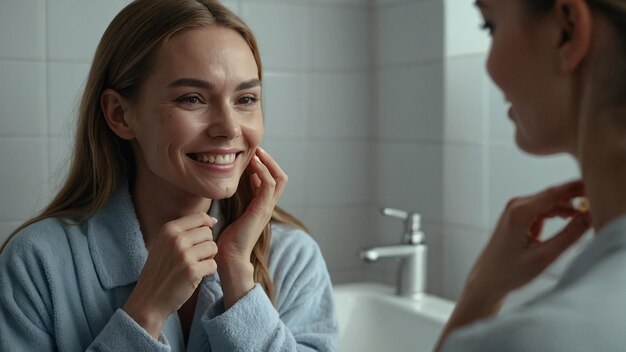 Smiling Female Applying Serum for Skin Care in Bathroom