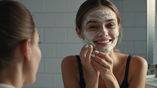 Photo smiling female applying serum for skin care in bathroom