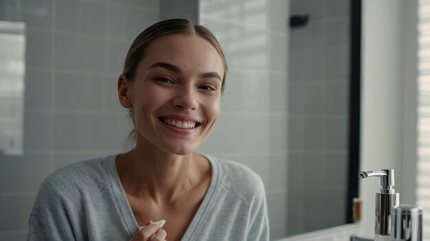 Smiling Female Applying Serum for Skin Care in Bathroom