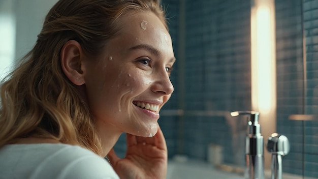 Photo smiling female applying serum for skin care in bathroom