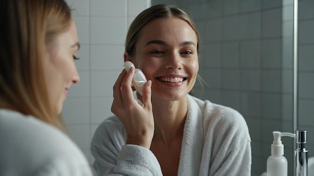 Smiling Female Applying Serum for Skin Care in Bathroom