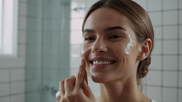 Smiling Female Applying Serum for Skin Care in Bathroom