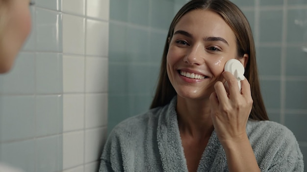 Smiling Female Applying Serum for Skin Care in Bathroom