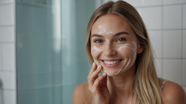 Photo smiling female applying serum for skin care in bathroom