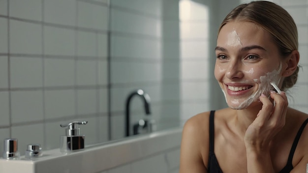 Photo smiling female applying serum for skin care in bathroom