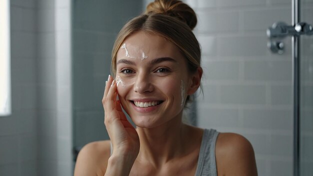 Photo smiling female applying serum for skin care in bathroom