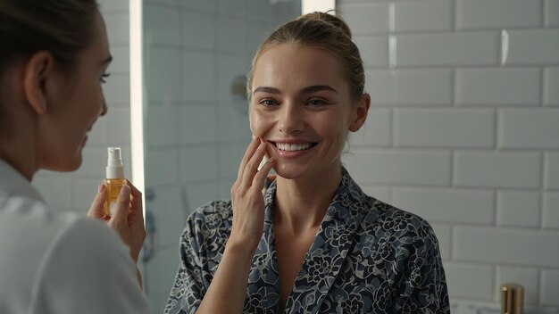 Photo smiling female applying serum for skin care in bathroom