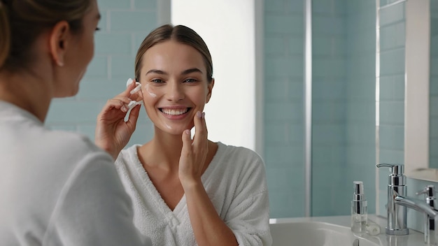 Smiling Female Applying Serum for Skin Care in Bathroom